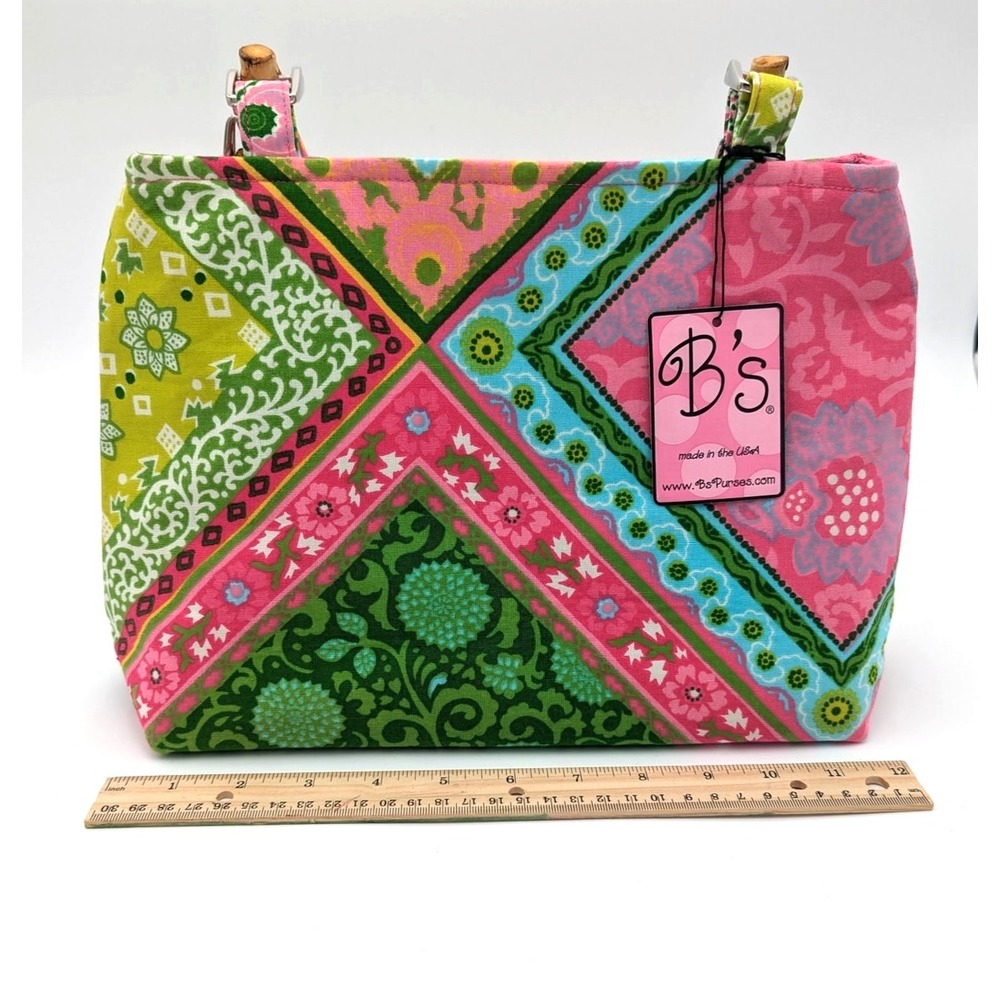 B's Designer Purse -Colorful Patchwork Fabric Bag w/ Bamboo Handles NWT-USA Made